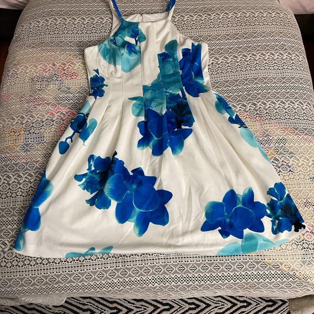 Calvin Klein White and Blue Floral Midi Dress